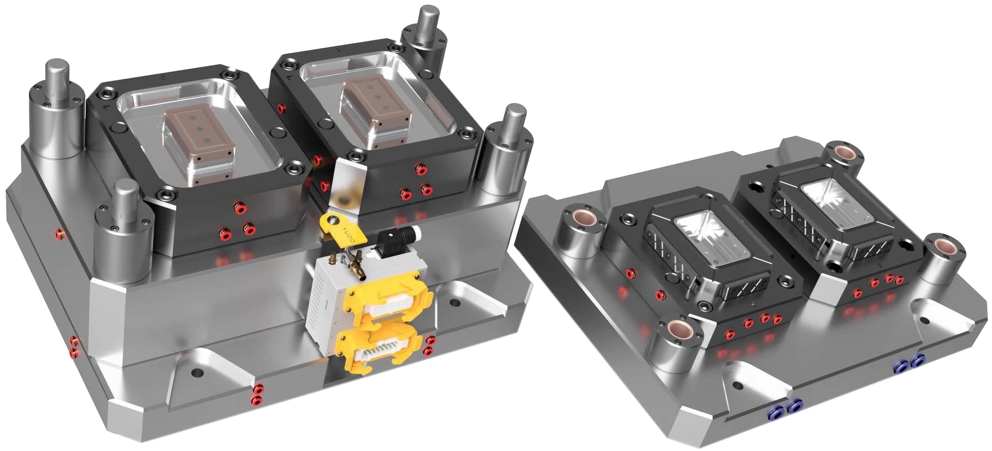 Two-cavity injection mould, cavity and core halves